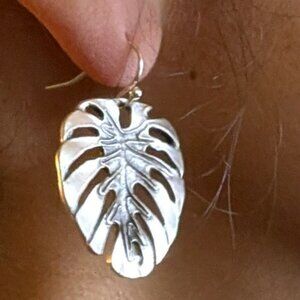 Beautiful monstera leaf earrings. Brass core, silver plated. Botanical.